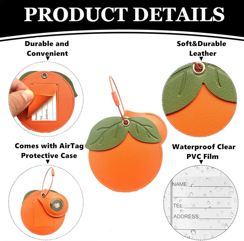 ZOUITY Cute Leather Luggage Tag Holder with Airtag Case Set,Hidden Compartment for AirTag Travel Suitcase Tracking Case with Stainless Steel Loop,Name ID Label(Persimmon) - Image 2